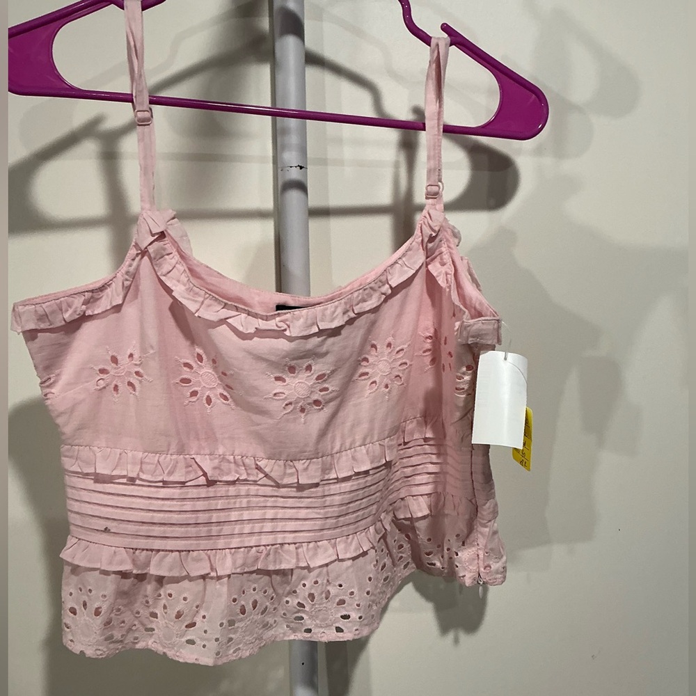 🍒 Aqua Light Pink Eyelet Ruffle Crop Top